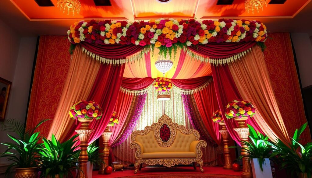 Indische Hochzeitsdekoration mit Blumen und Stoffen