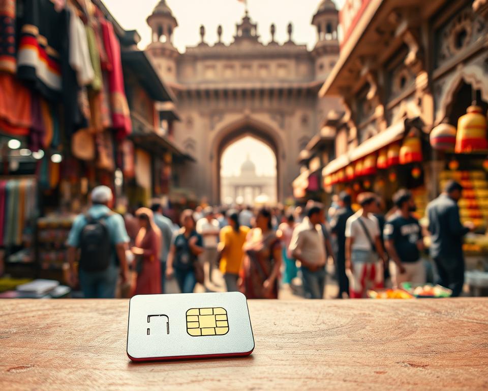 A SIM card set against a backdrop of bustling Chandni Chowk in Delhi, showcasing a vibrant marketplace filled with colorful stalls selling textiles, spices, and street food. The foreground features a close-up of a shiny SIM card, slightly angled to highlight its intricate design and microchip. In the middle ground, diverse travelers engage in buying local goods, dressed in a mix of traditional and casual clothing, reflecting a sense of cultural exchange. In the background, historic architecture with intricate carvings stands proudly under warm sunlight, creating an inviting atmosphere. The overall mood is lively and energetic, capturing the essence of exploring Delhi’s rich heritage while emphasizing the importance of connectivity for travelers. Soft, natural lighting enhances the vibrant colors and details. A SIM card set against a backdrop of bustling Chandni Chowk in Delhi, showcasing a vibrant marketplace filled with colorful stalls selling textiles, spices, and street food. The foreground features a close-up of a shiny SIM card, slightly angled to highlight its intricate design and microchip. In the middle ground, diverse travelers engage in buying local goods, dressed in a mix of traditional and casual clothing, reflecting a sense of cultural exchange. In the background, historic architecture with intricate carvings stands proudly under warm sunlight, creating an inviting atmosphere. The overall mood is lively and energetic, capturing the essence of exploring Delhi’s rich heritage while emphasizing the importance of connectivity for travelers. Soft, natural lighting enhances the vibrant colors and details.