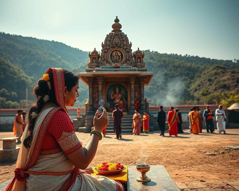 A Shakti Peetha, set in a serene landscape, featuring a beautifully ornate temple dedicated to the goddess, embellished with intricate carvings and vibrant murals depicting various goddesses. In the foreground, a dedicated female devotee dressed in traditional attire, performing a ritual with flowers and incense, showcasing devotion. The middle ground includes pilgrims engaged in worship, bathed in warm morning light that highlights the sacred atmosphere. In the background, lush green hills and a clear blue sky create a sense of tranquility and spiritual elevation. Lens used: 50mm, capturing soft-focus effects for a dreamlike quality. The mood is peaceful and reverent, emphasizing the spiritual significance and regional diversity of Shakti Peethas in Hinduism.
