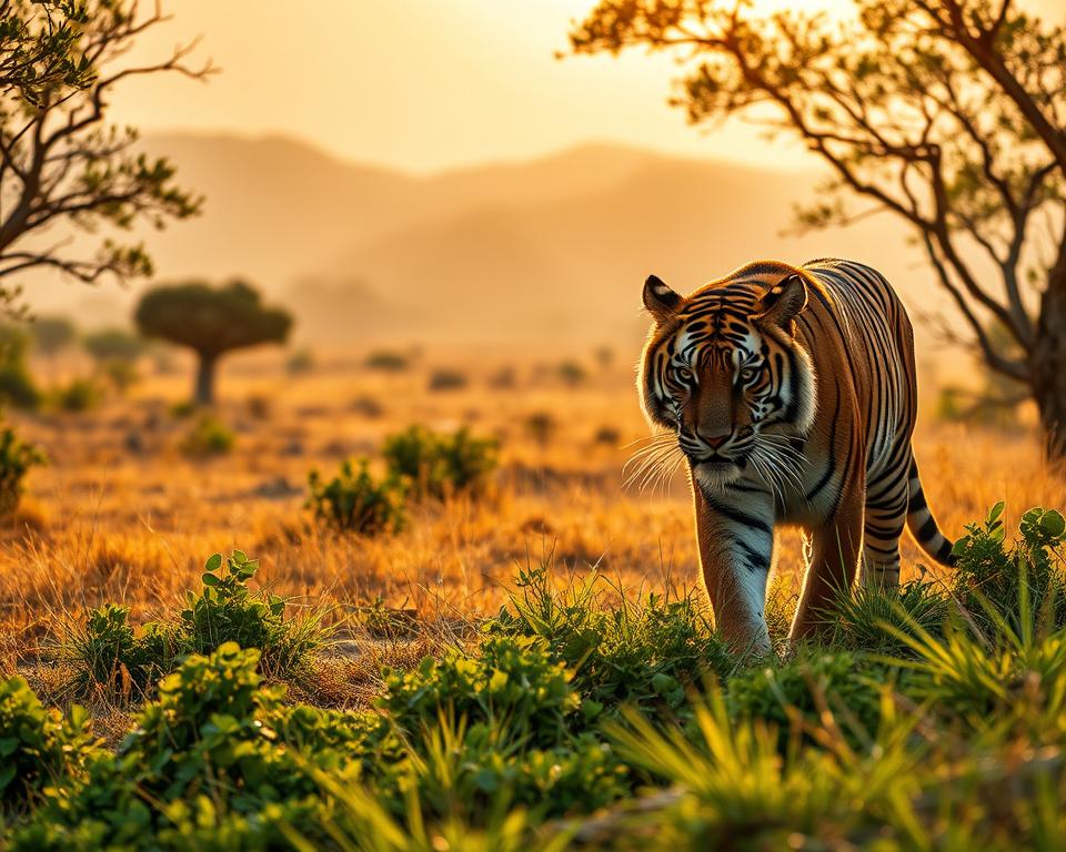 A breathtaking Indian tiger safari scene in the golden light of dawn, capturing the essence of the best time to experience wildlife. In the foreground, a majestic Bengal tiger, vividly detailed with striking orange and black stripes, prowls gracefully through lush greenery. The middle ground reveals a rugged landscape of dry grass and scattered acacia trees, hinting at the rich biodiversity of the Indian wilderness. In the background, soft, hazy silhouettes of distant hills bathe in warm sunlight. Gentle rays filter through the trees, creating a magical and serene atmosphere. The composition emphasizes a feeling of adventure and tranquility, showcasing the captivating beauty of nature during the ideal safari season. The image focuses solely on the wildlife and landscape, free from any text or overlays.