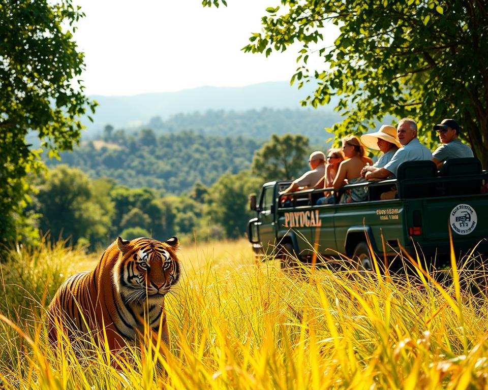 A breathtaking scene of a tiger safari in India, showcasing a majestic Bengal tiger lurking in tall, golden grass under the bright afternoon sun. In the foreground, the tiger's vibrant orange and black stripes contrast sharply with the lush green foliage, capturing its fierce elegance. In the middle ground, a safari vehicle with tourists clad in casual, modest clothing observes the tiger from a safe distance, their expressions filled with awe and excitement. In the background, a picturesque landscape of dense jungle and distant hills creates a sense of adventure, with dappled sunlight filtering through the leaves. The atmosphere is filled with a sense of wonder and tranquility, highlighting the beauty of nature and wildlife in an untouched environment. The image is shot from a low angle to emphasize the tiger's presence, utilizing natural light to enhance the vivid colors.