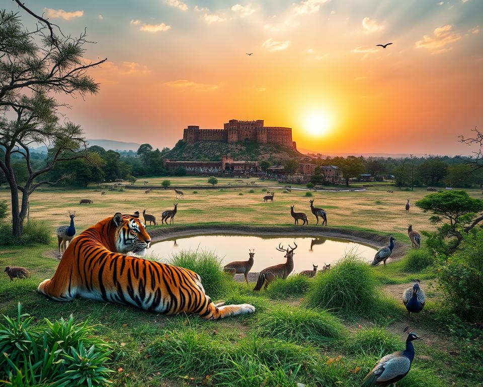 A breathtaking view of Ranthambore National Park in India, showcasing a majestic Bengal tiger resting near a serene waterhole in the foreground, its striking orange and black stripes contrasting with the lush greenery. In the middle ground, a diverse array of wildlife, including spotted deer and peacocks, adds vibrancy to the scene. The background features the iconic Ranthambore Fort perched on a rocky hill, framed by a sky painted with warm hues of a setting sun, casting gentle light across the landscape. The atmosphere is tranquil yet alive with the sounds of nature, creating an immersive feeling of adventure. The image is captured with a wide-angle lens to emphasize the vastness of the park, ensuring a captivating and vivid depiction of this natural paradise.