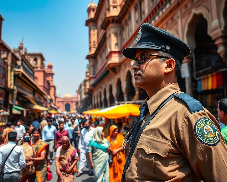 A bustling scene at Chandni Chowk in Delhi, showcasing a vibrant marketplace filled with colorful stalls selling spices, textiles, and street food. In the foreground, a well-dressed security personnel in a smart uniform is closely observing the crowd, conveying a sense of safety and vigilance. The middle ground features local shoppers, dressed in a mix of traditional Indian attire and modest business casual clothing, engaging in their purchases and interacting with vendors. The background reveals the iconic historical architecture of Chandni Chowk with intricate details, framed by bright, natural sunlight filtering through a clear blue sky. The atmosphere is lively yet secure, capturing a harmonious blend of commerce and cultural richness, with a focus on community safety and health. A bustling scene at Chandni Chowk in Delhi, showcasing a vibrant marketplace filled with colorful stalls selling spices, textiles, and street food. In the foreground, a well-dressed security personnel in a smart uniform is closely observing the crowd, conveying a sense of safety and vigilance. The middle ground features local shoppers, dressed in a mix of traditional Indian attire and modest business casual clothing, engaging in their purchases and interacting with vendors. The background reveals the iconic historical architecture of Chandni Chowk with intricate details, framed by bright, natural sunlight filtering through a clear blue sky. The atmosphere is lively yet secure, capturing a harmonious blend of commerce and cultural richness, with a focus on community safety and health.