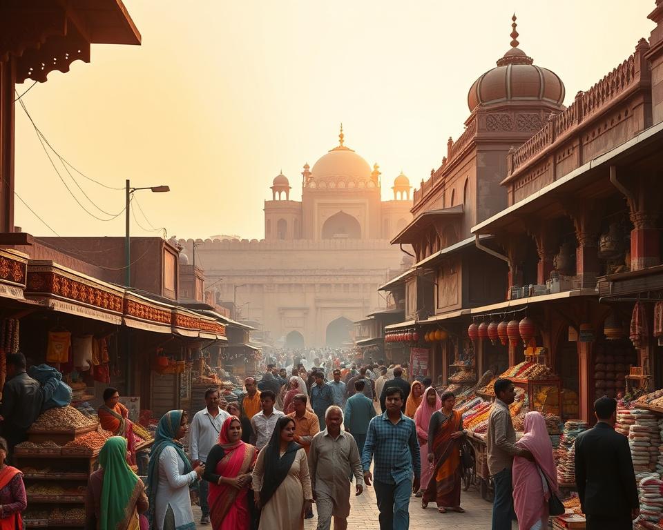 A bustling scene in Chandni Chowk, Delhi, capturing the rich history and vibrant atmosphere from the Mughal era to the present day. In the foreground, intricately designed traditional markets filled with colorful spices, textiles, and bustling shoppers dressed in modest sarees and kurta-pajamas. The middle ground features ornate Mughal architecture, with grand domes and arched entrances, while merchants engage in lively conversations. In the background, the iconic Red Fort looms majestically under a warm golden sunset, casting inviting shadows on the historic lanes. The image conveys a sense of nostalgia and vibrancy, with soft, ambient lighting enhancing the colors and textures of this cultural tapestry. Utilize a wide-angle lens to emphasize the depth of the market scene and architecture, creating an immersive experience that reflects the rich history of Chandni Chowk. A bustling scene in Chandni Chowk, Delhi, capturing the rich history and vibrant atmosphere from the Mughal era to the present day. In the foreground, intricately designed traditional markets filled with colorful spices, textiles, and bustling shoppers dressed in modest sarees and kurta-pajamas. The middle ground features ornate Mughal architecture, with grand domes and arched entrances, while merchants engage in lively conversations. In the background, the iconic Red Fort looms majestically under a warm golden sunset, casting inviting shadows on the historic lanes. The image conveys a sense of nostalgia and vibrancy, with soft, ambient lighting enhancing the colors and textures of this cultural tapestry. Utilize a wide-angle lens to emphasize the depth of the market scene and architecture, creating an immersive experience that reflects the rich history of Chandni Chowk.