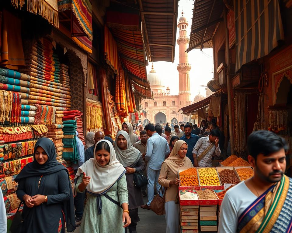 A bustling scene of Chandni Chowk, showcasing vibrant markets filled with colorful textiles, intricate jewelry stalls, and fragrant spice shops. In the foreground, a diverse group of shoppers in modest casual clothing interact with local vendors, examining fabrics and jewelry with smiles, capturing the lively spirit of the market. The middle ground features stalls overflowing with rich fabrics in blue, red, and gold, alongside displays of sparkling jewelry and earthy spices in wooden crates. In the background, historic architecture and the iconic red-brick façade of the nearby mosque loom under warm afternoon sunlight, creating a timeless atmosphere. The lens captures the scene from a slightly elevated angle, emphasizing the vibrant activity below while ensuring an immersive experience that highlights the charm of shopping in this historic heart of Delhi. A bustling scene of Chandni Chowk, showcasing vibrant markets filled with colorful textiles, intricate jewelry stalls, and fragrant spice shops. In the foreground, a diverse group of shoppers in modest casual clothing interact with local vendors, examining fabrics and jewelry with smiles, capturing the lively spirit of the market. The middle ground features stalls overflowing with rich fabrics in blue, red, and gold, alongside displays of sparkling jewelry and earthy spices in wooden crates. In the background, historic architecture and the iconic red-brick façade of the nearby mosque loom under warm afternoon sunlight, creating a timeless atmosphere. The lens captures the scene from a slightly elevated angle, emphasizing the vibrant activity below while ensuring an immersive experience that highlights the charm of shopping in this historic heart of Delhi.