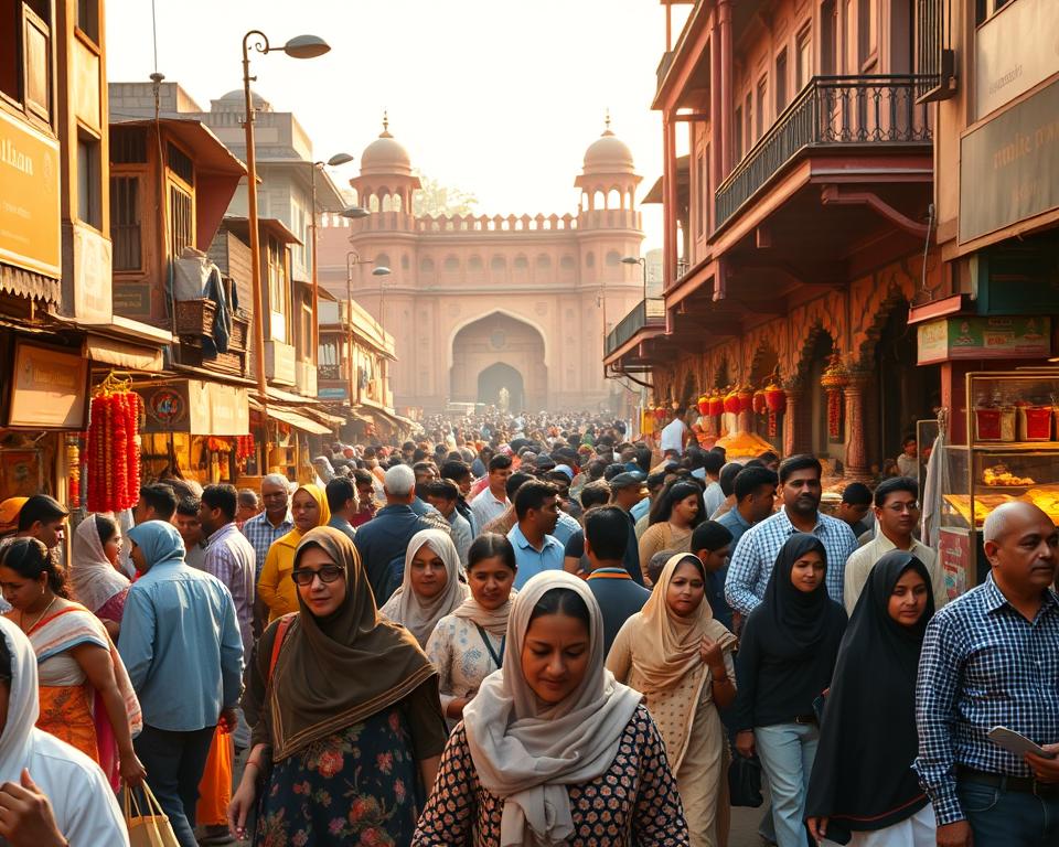 A bustling street scene in Chandni Chowk, Delhi, showcasing the vibrant energy of this historic market area. In the foreground, a diverse group of people dressed in modest casual clothing, exploring colorful stalls filled with traditional Indian goods and street food. The middle ground features iconic architecture with ornate historical buildings, like the Fatehpuri Masjid, bathed in warm golden light of late afternoon. In the background, a hint of the Red Fort can be seen, slightly blurred for depth. The atmosphere is lively and bustling, capturing the essence of travel with dynamic movement and joyful expressions. The composition is captured with a wide-angle lens to emphasize the festive environment, with soft shadows to create a warm, inviting mood. A bustling street scene in Chandni Chowk, Delhi, showcasing the vibrant energy of this historic market area. In the foreground, a diverse group of people dressed in modest casual clothing, exploring colorful stalls filled with traditional Indian goods and street food. The middle ground features iconic architecture with ornate historical buildings, like the Fatehpuri Masjid, bathed in warm golden light of late afternoon. In the background, a hint of the Red Fort can be seen, slightly blurred for depth. The atmosphere is lively and bustling, capturing the essence of travel with dynamic movement and joyful expressions. The composition is captured with a wide-angle lens to emphasize the festive environment, with soft shadows to create a warm, inviting mood.