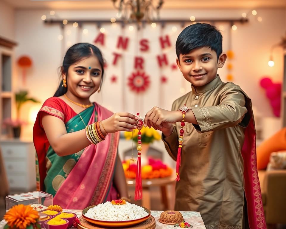 A heartfelt scene celebrating Raksha Bandhan, featuring a brother and sister exchanging colorful, intricately designed rakhis adorned with vibrant threads and beads. In the foreground, the siblings display a warm smile, dressed in traditional Indian attire; the sister in a beautiful sari and the brother in a kurta. The middle ground showcases a festive table decorated with sweets like motichoor laddoos, kumkum, and rice, accentuated by marigold flowers. The background is a cozy, warmly lit room with decorative lights and festive banners, creating an atmosphere of joy and love. Soft, diffused lighting casts gentle shadows, enhancing the warmth of the scene. Capture this moment from a slightly elevated angle to emphasize the familial bond and the festive celebration.