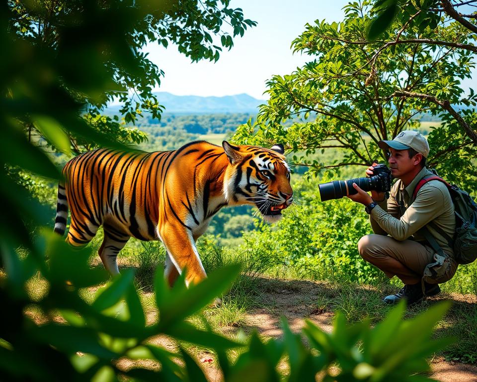 A majestic Bengal tiger prowls through the vibrant greenery of an Indian jungle, the dappled sunlight filtering through the lush tree canopy, casting a warm glow on its striking orange and black stripes. In the foreground, blurred leaves frame the scene, drawing attention to the tiger in mid-stride, showcasing its powerful muscles and graceful movements. In the middle ground, a professional wildlife photographer kneels quietly, holding an advanced DSLR camera with a long lens, intently capturing the moment, dressed in practical safari gear. The background reveals a dense, tropical landscape with hints of distant mountains under a clear blue sky. The mood is serene and tense, emphasizing the beauty of wildlife photography during an unforgettable Indian tiger safari.