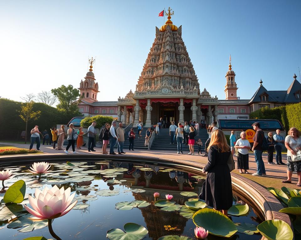 A majestic Hindu temple in Germany, showcasing intricate carvings and vibrant colors typical of Hindu architecture. In the foreground, a serene lotus pond reflects the temple's grandeur, surrounded by lush greenery and blooming flowers. The middle ground features visitors of diverse backgrounds, dressed in modest casual attire, admiring the temple and participating in peaceful activities. In the background, German architectural elements blend harmoniously with the temple's design, highlighting the cultural fusion. The scene is illuminated by soft, warm sunlight, creating a tranquil and inviting atmosphere. The angle captures the full height of the temple's spires against a clear blue sky, emphasizing its spiritual significance.