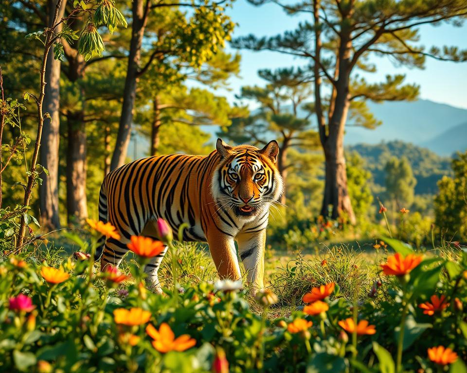 A majestic Indian tiger prowling in a lush national park, showcasing its striking orange coat adorned with bold black stripes. In the foreground, vibrant green foliage and colorful wildflowers frame the tiger, enhancing the lively atmosphere. The middle ground reveals the dense forest backdrop, with tall trees and dappled sunlight filtering through their leaves, casting ethereal patterns on the ground. In the background, misty mountains and a clear blue sky complete the serene landscape. The scene is illuminated by warm, golden-hour lighting, conveying a tranquil yet exhilarating mood, perfect for a wildlife safari. Capture the essence of adventure and the natural beauty of India’s finest tiger habitats. Focus on the tiger's regal presence and the enchanting surroundings, ensuring the image is vivid and inviting, without any text or overlays.