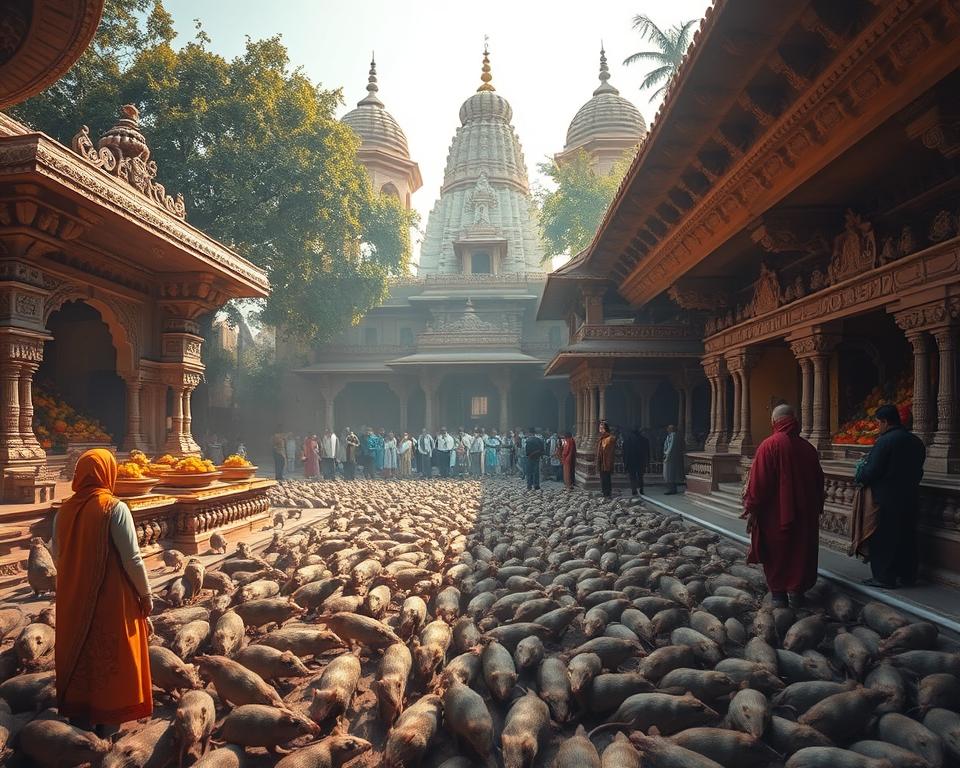A mystical scene of the Rat Temple in India with hundreds of sacred rats wandering freely among ornate altar spaces filled with rich offerings of fruits and flowers. In the foreground, a small group of visitors, dressed in modest and respectful clothing, observe the temple's impressive architecture, adorned with intricate carvings and vibrant colors. The middle ground features worshippers engaged in prayers, creating an ambiance of reverence and spirituality. The background showcases the temple's towering domes and lush greenery surrounding the structure, illuminated by warm, golden sunlight filtering through the trees, evoking a serene and enchanting atmosphere. The scene is captured with a wide-angle lens, enhancing the grandeur of the space while maintaining focus on the lively interaction of animals and people, conveying a sense of wonder and discovery.