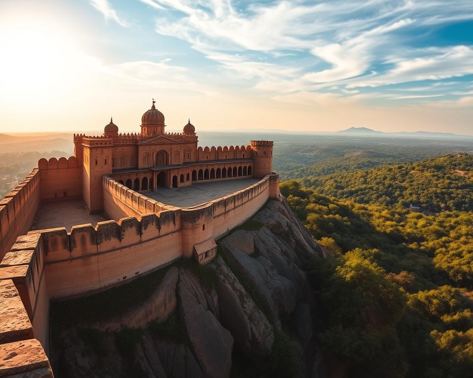A panoramic view of Ranthambore Fort perched majestically on a rocky hill, surrounded by the lush greenery of the Ranthambore National Park. In the foreground, ancient stone walls and bastions of the fort glisten under the soft golden light of a setting sun, creating a warm atmosphere. The middle ground features the fort's distinctive architecture with intricately carved windows and domes, showcasing rich historical details. In the background, a vibrant landscape of dense forests and distant hills fades into a blue sky adorned with wispy white clouds. Capture the scene with a wide-angle lens, emphasizing the fort’s grandeur against the natural beauty. The mood is serene yet majestic, highlighting the cultural significance of this historic site within the wildlife-rich park.
