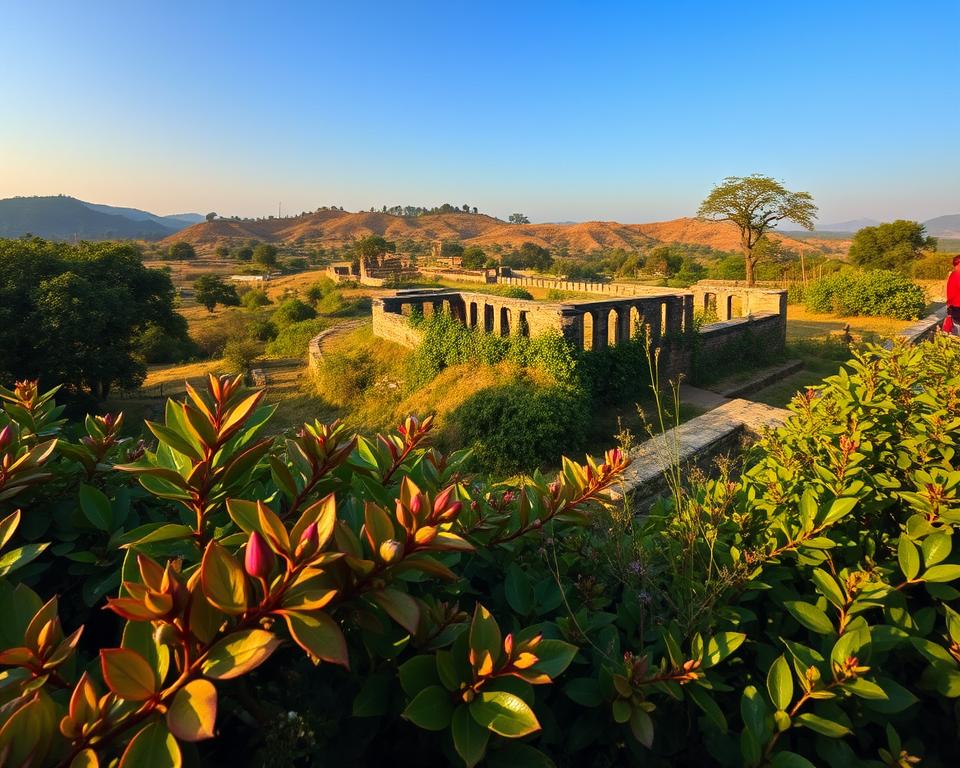 A panoramic view of Ranthambore National Park in India, focusing on the historical significance of the landscape. In the foreground, lush greenery with native flora, showcasing vibrant leaves and subtle wildflowers. In the middle ground, remnants of ancient ruins, possibly the Ranthambore Fort, partially covered by creeping vines, suggesting a blend of nature and history. The background features rolling hills dotted with majestic trees, under a clear blue sky. Early morning light casts a golden hue over the scene, enhancing the mood of tranquility and timelessness. The composition should emphasize depth with a slightly lower camera angle, highlighting the ruins and drawing the viewer into the serene yet rich narrative of the park's past.