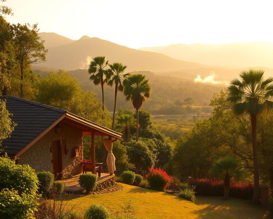 A picturesque lodge nestled in the lush greenery surrounding Ranthambore National Park, India. In the foreground, a cozy cottage made of natural stone and wood, adorned with traditional Indian handicrafts. The middle ground features a scenic view of tall trees and vibrant flora, with the hint of wild animals peeking through. In the background, majestic hills bathed in warm sunlight at dawn, creating a serene atmosphere. The scene is illuminated with soft golden light, casting gentle shadows and enhancing the natural colors. A slight mist lingers in the air, adding a touch of mystique. The overall mood conveys tranquility and adventure, inviting viewers to explore the natural beauty and accommodations around Ranthambore National Park.