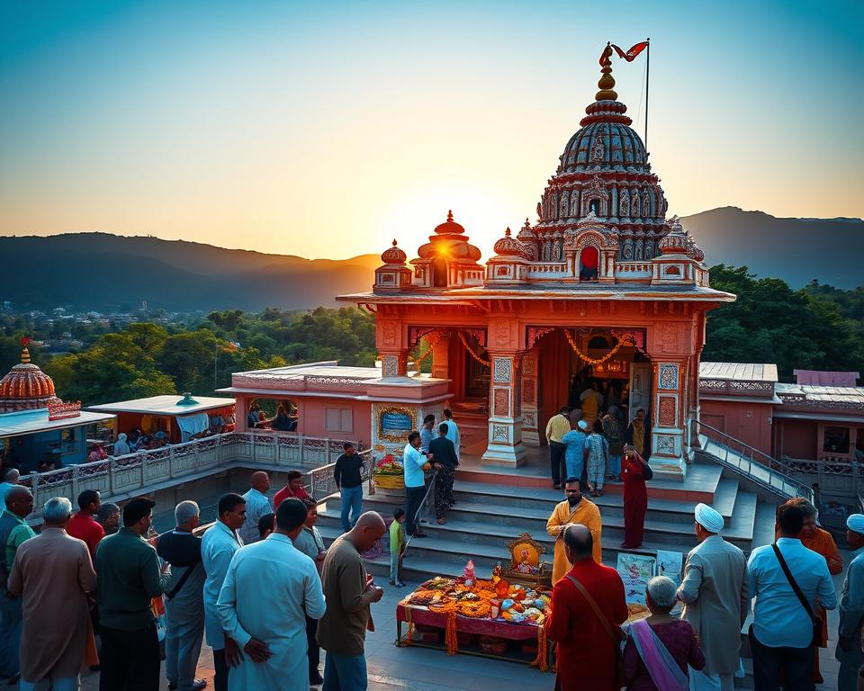 A picturesque scene of the Vrindavan Temple, showcasing its stunning intricate architecture adorned with vibrant ornaments and carvings, set against a clear blue sky. In the foreground, a group of worshippers in modest clothing gathers near the temple steps, engaged in prayer and rituals, conveying a sense of devotion and community. In the middle ground, colorful marigold garlands and offerings are placed in front of the temple entrance, adding festive details. The background features lush greenery and soft, distant hills typical of the region, bathed in warm, golden light during sunset, evoking a serene and spiritual atmosphere. The image should be captured from a slightly elevated angle, highlighting the temple's grandeur and the surrounding natural beauty.