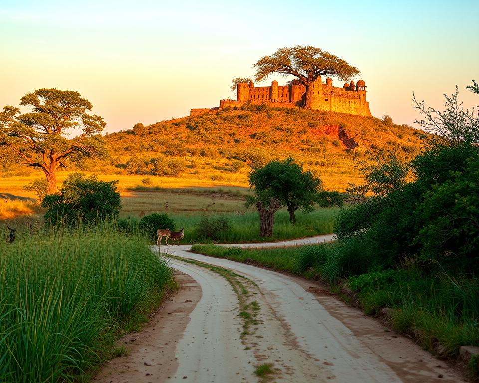 A picturesque view of the Ranthambore National Park in India during golden hour, showcasing the lush greenery and rugged terrain typical of the region. In the foreground, a winding, dusty road leads through the park, flanked by tall, swaying grass and sparse trees. In the middle ground, a variety of wildlife, such as deer and peacocks, roam freely, with a glimpse of a magnificent tiger lounging in the shade of a tree. In the background, the iconic Ranthambore Fort rises majestically on a rocky hill, bathed in soft, warm light. The scene is serene and inviting, reflecting the natural beauty and adventure that awaits travelers. The image captures the essence of a journey into the park, evoking feelings of exploration and tranquility.