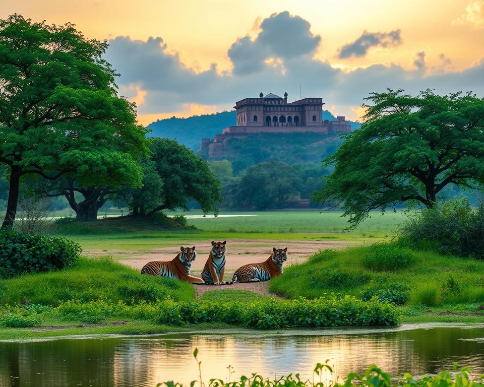 A scenic view of Ranthambore National Park in India during the optimal travel months, showcasing vibrant greenery and diverse wildlife. In the foreground, a serene lake reflecting the sky is bordered by lush vegetation. The middle ground features a family of Indian tigers lounging in the shade of trees, symbolizing the park's rich biodiversity. In the background, the majestic Ranthambore Fort stands on a hill, partially obscured by mist and clouds at sunrise, casting a warm golden light across the landscape. The atmosphere is tranquil yet lively, capturing the essence of a perfect travel period to this wildlife sanctuary. Use a soft focus lens to enhance the natural beauty and give a dreamy, inviting effect. The scene conveys a sense of adventure and serenity, ideal for exploring nature's wonders.