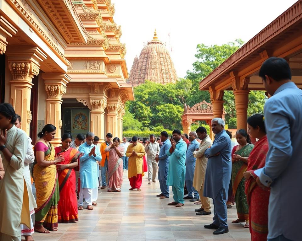 A serene Hindu temple setting in India, showcasing devotees engaging in respectful worship. In the foreground, a diverse group of individuals dressed in modest, traditional attire—sarees, kurta pajamas—are seen following temple etiquette, such as removing shoes and offering prayers. The middle ground features intricate temple architecture, adorned with colorful carvings of deities and floral motifs, reflecting the rich heritage of Hindu culture. The background shows lush greenery and a clear blue sky, enhancing the tranquil atmosphere. Soft, warm lighting bathes the scene, creating a peaceful and respectful mood. The angle is slightly elevated, capturing both the spiritual practices and the grandeur of the temple.