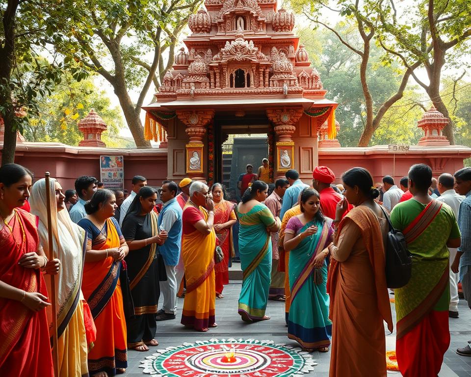 A serene Hindu temple visit scene, showcasing both Hindu devotees and non-Hindus participating in a festival. In the foreground, a diverse group of individuals dressed in modest colorful attire, including traditional Indian garments, engaging in rituals, offering flowers, and lighting oil lamps. The middle ground features intricately carved temple architecture adorned with vibrant decorations, flower garlands, and colorful rangoli designs on the ground. The background captures a lush garden with soft, dappled sunlight filtering through trees, creating a warm, inviting atmosphere. The angle is slightly elevated to capture the bustling activity at the temple, emphasizing the sense of community and celebration. Overall, convey a joyful and respectful mood, reflecting cultural appreciation and participation.