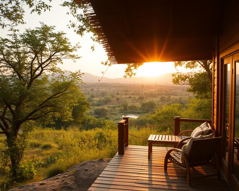 A serene and eco-friendly safari accommodation set in the lush wildlife of India. In the foreground, a cozy wooden eco-lodge blends seamlessly with nature, featuring a shaded deck with bamboo furniture. The middle ground showcases the surrounding landscape—a vibrant mix of green trees, wildflowers, and a peeking glimpse of a nearby watering hole. In the background, the soft silhouette of distant hills under a warm, golden sunset bathe the scene in a tranquil glow. Gentle rays of light filter through the trees, creating a peaceful ambiance. Capture this landscape with a wide-angle lens to emphasize the vastness and harmony of nature, evoking a sense of comfort and adventure in the viewer.