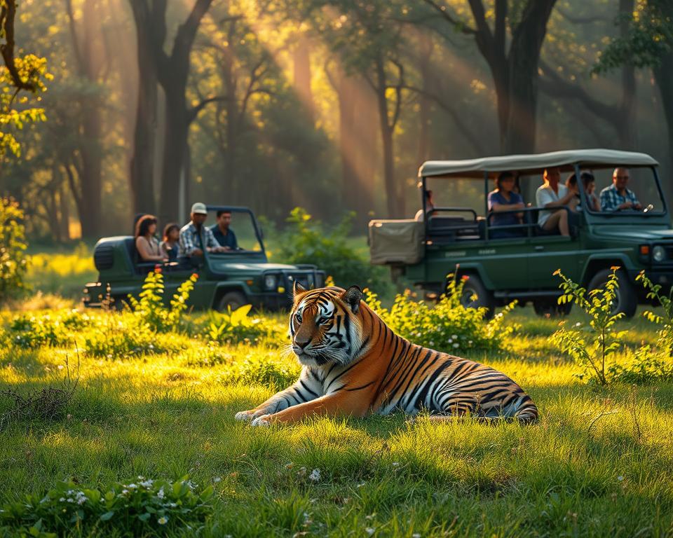 A serene and enchanting landscape showcasing a sustainable tiger safari in India. In the foreground, a majestic Bengal tiger rests peacefully on a sunlit patch of grass, surrounded by lush greenery and wildflowers. In the middle ground, a small group of eco-conscious tourists, dressed in modest, casual clothing, observe the tiger respectfully from a well-maintained safari vehicle. The background features a dense jungle with tall trees and vibrant flora, basking in warm, golden sunlight. Soft rays filter through the foliage, creating a dappled light effect on the ground. The atmosphere is tranquil and harmonious, emphasizing a connection between wildlife conservation, local communities, and responsible tourism. Capture this all with a focus on natural beauty, using a wide-angle lens to highlight the expansive landscape.