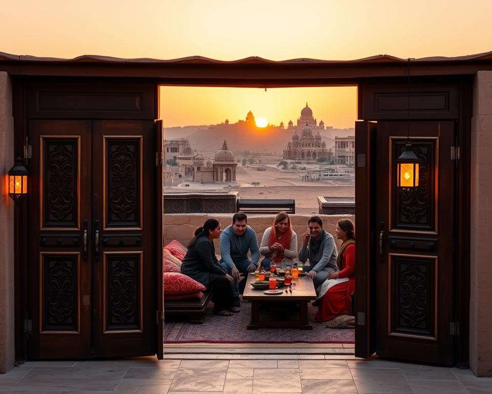 A serene and inviting scene depicting a traditional guesthouse in Bikaner, nestled against the backdrop of the Thar Desert at sunset. In the foreground, ornate wooden doors with intricate carvings lead to a cozy courtyard with vibrant cushions and decorative lanterns casting a warm glow. The middle ground features a few travelers in modest casual clothing enjoying a traditional Rajasthani meal at a low wooden table, sharing laughter and stories. In the background, the stunning silhouettes of ancient forts and temples offer a glimpse of Bikaner's rich heritage, softened by the golden hues of the setting sun. Capture this scene with natural lighting, using a wide-angle lens to emphasize the depth and cultural richness, evoking a warm and welcoming atmosphere.
