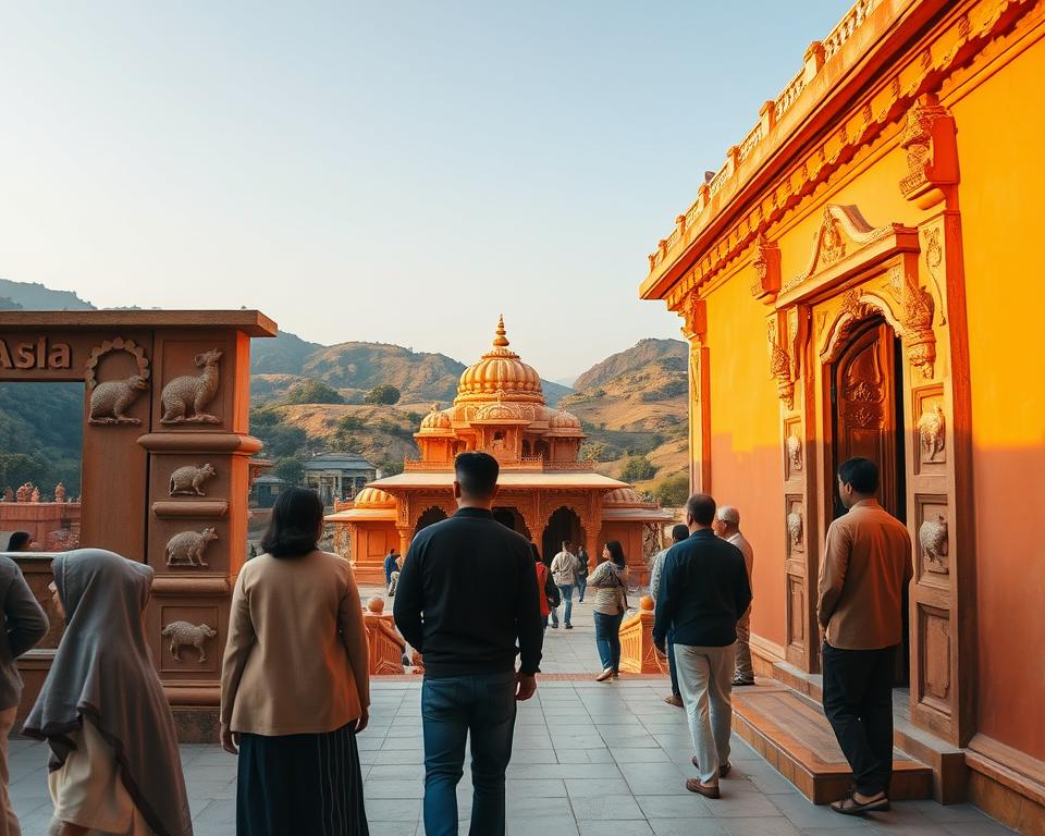 A serene and vibrant depiction of the Karni Mata Temple in India, focusing on the architecture and details of the temple's intricate carvings. In the foreground, a few visitors dressed in modest casual clothing admire the ornate doorways adorned with motifs of rats, emphasizing the temple's unique worship practice. The middle ground showcases the temple's colorful facade, with warm tones of orange and gold reflecting in the soft daylight. In the background, the surrounding landscape features lush greenery and distant hills under a clear blue sky, creating a peaceful, tranquil atmosphere. The scene is warmly lit, emphasizing the harmony and spirituality of the location, captured from a slight low angle to convey the grandeur of the temple.