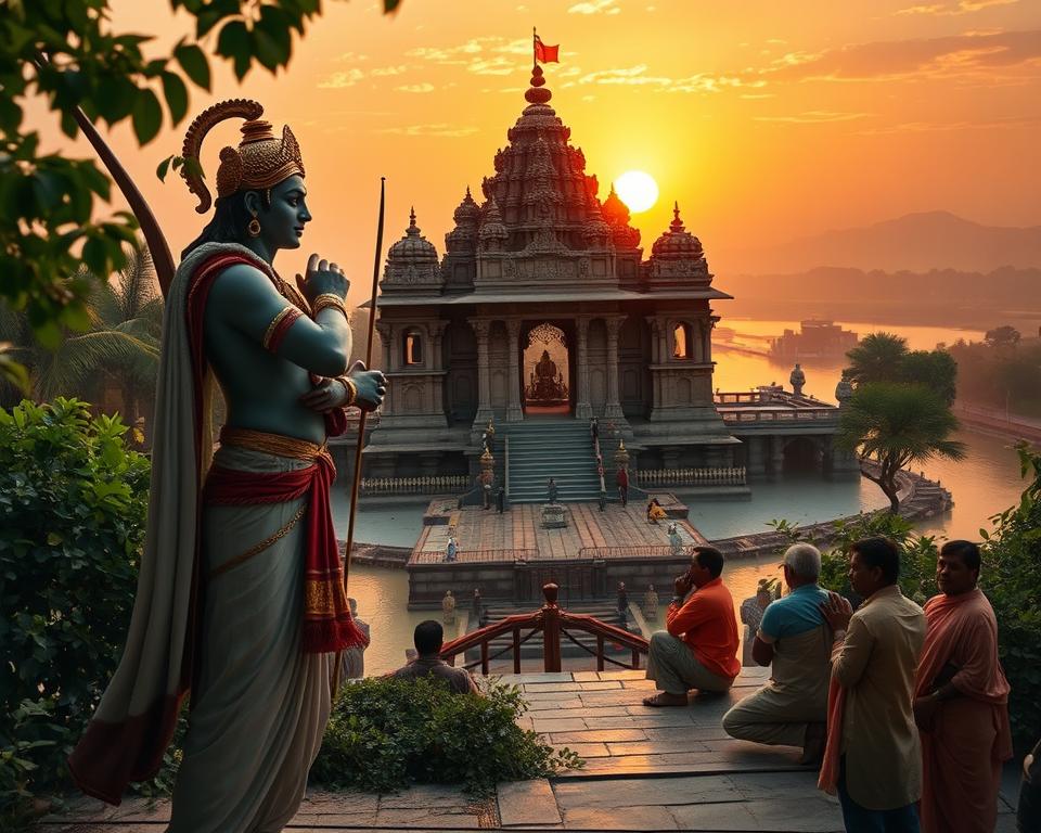 A serene depiction of Lord Rama standing heroically in Ayodhya, with lush green surroundings signifying peace and spirituality. The foreground features Lord Rama in a traditional attire, adorned with symbols of divinity and holding a bow, representing strength and virtue. In the middle, a heavily detailed ancient temple reflects the architectural grandeur of Ayodhya, surrounded by devotees dressed in modest traditional clothing, engaged in prayer and worship, showcasing the essence of Bhakti. The background includes a vibrant sunset over a sacred river, bathing the scene in warm golden and orange hues, evoking a sense of devotion and tranquility. Soft, diffused lighting enhances the spiritual atmosphere, captured from a slightly low angle to emphasize the magnificence of Rama and the temple.