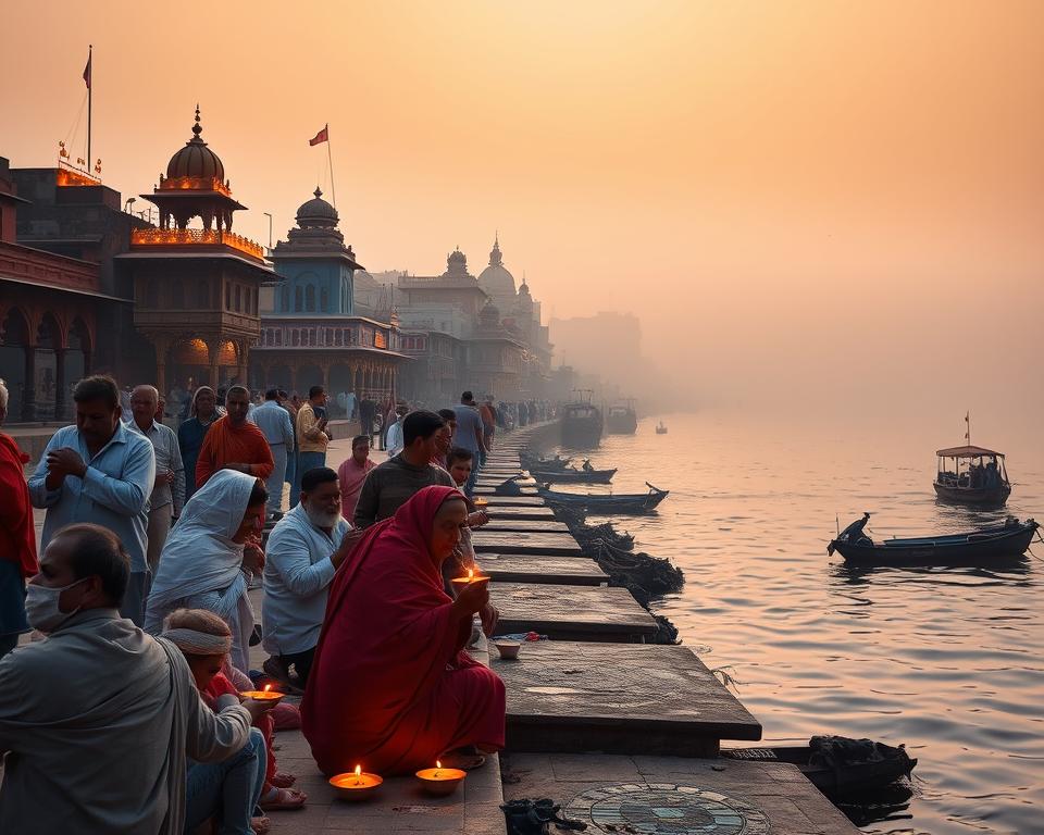 A serene early morning scene at the Varanasi Ghats along the Ganges River. In the foreground, a tranquil view of pilgrims dressed in modest traditional attire engaged in morning rituals, lighting diyas (oil lamps) that softly illuminate their faces. The middle ground captures the historic Ghats, ornate temples reflecting vibrant colors in the water, while the soft glow of sunrise casts a warm golden light over the scene. In the background, the majestic river flows gently, surrounded by mist rising from the water, enhancing the ethereal atmosphere. The image should convey a sense of spirituality and peace, with an emphasis on the powerful connection between the river and the rituals performed by the devotees. Use a wide-angle lens to capture the sweeping landscape, emphasizing depth and the quiet beauty of the sacred place.