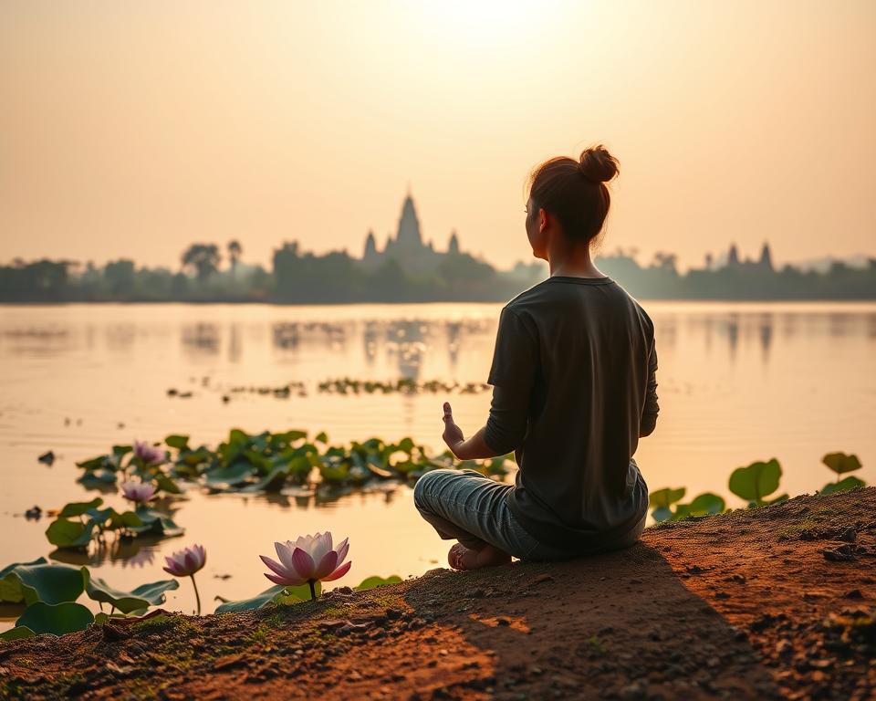 A serene lakeside in India at dawn, the surface of the water shimmering with soft golden hues reflecting the rising sun. In the foreground, a person in modest casual clothing sits cross-legged on the bank, eyes closed, engaged in deep meditation. Their posture radiates tranquility and focus. The middle ground features lush greenery and delicate lotus flowers surrounding the water, symbolizing spiritual growth and mindfulness. In the background, the silhouette of ancient temples rises against the softly lit sky, evoking a sense of history and spirituality. The atmosphere is calm and introspective, enhanced by gentle morning light that casts soft shadows, inviting viewers into a personal journey of reflection and transformation.
