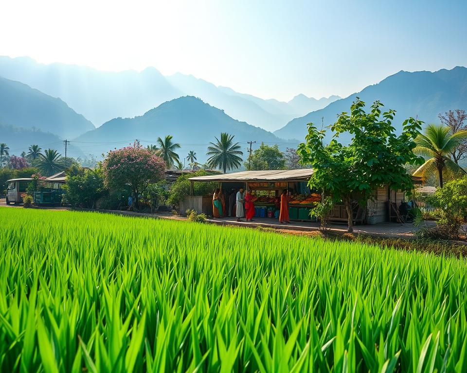A serene landscape capturing the diverse climates of India throughout the year. In the foreground, lush green rice paddies glisten under soft sunlight, signifying the monsoon season. In the middle, a vibrant market scene with locals dressed in colorful traditional attire interacts with the environment, surrounded by blooming flowers and fruit trees. In the background, towering mountains are partially shrouded in mist, while a clear blue sky indicates the approaching winter season. Sun rays cast a warm, golden hue across the scene, evoking a sense of tranquility and harmony with nature. The angle is slightly elevated, providing a panoramic view that showcases the richness of India's climates and seasons, creating an inviting and informative atmosphere.