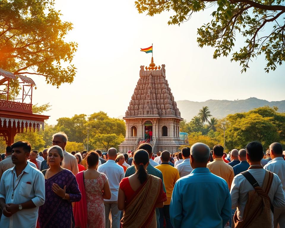 A serene landscape depicting sacred places in Hinduism, showcasing a vibrant scene of a revered temple adorned with intricate carvings and colorful flags. In the foreground, pilgrims in modest casual clothing, reflecting a diverse mix of ages and backgrounds, engaged in prayer and meditation. The middle ground features the majestic temple surrounded by lush green trees and blooming flowers, with the sun casting a warm golden light. In the background, a clear blue sky meets distant hills, enhancing the tranquil atmosphere. Soft shadows create depth, and a gentle breeze can be imagined, bringing a sense of peace and spirituality to the scene.