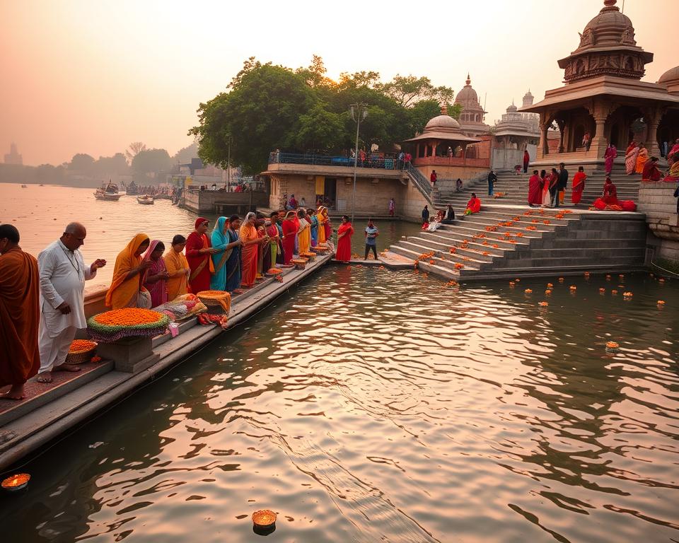 A serene scene along the banks of the Ganges River during sunrise, showcasing a vibrant Hindu ritual. In the foreground, men and women dressed in modest, colorful traditional attire engage in worship, offering flowers and lighting lamps. The middle ground includes gently rippling water reflecting the soft pinks and golden hues of the dawn sky. On the banks, intricately designed steps lead down into the river, adorned with marigolds and floating diyas. The background features lush green trees and ancient temples with intricate architecture, bathed in warm morning light. The atmosphere is peaceful and reverent, conveying a sense of spirituality and respect for the traditions surrounding this sacred river. The composition captures an angle slightly above eye level, emphasizing the connection between the participants and the water.