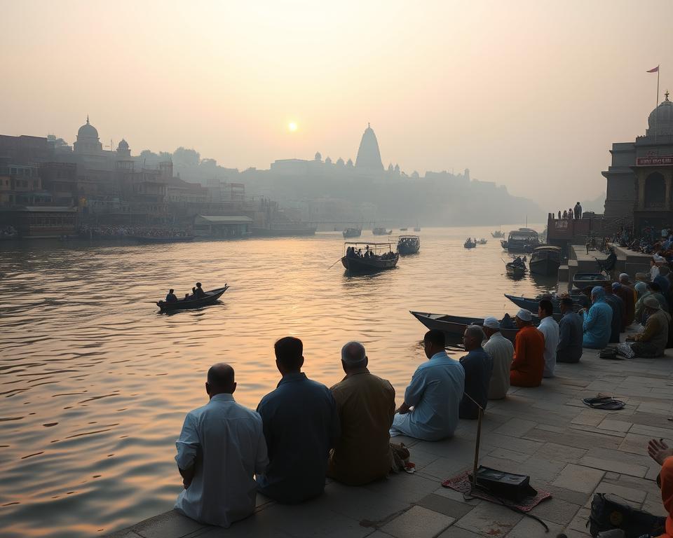A serene scene capturing the Ganges River in Varanasi at dawn, with soft golden light illuminating the ancient ghats. In the foreground, a calm stretch of water reflects the vibrant colors of early morning, while a few modestly dressed individuals offer prayers on the banks, creating a respectful and spiritual atmosphere. The middle ground features the iconic terraced ghats adorned with intricate carvings, as boats gently drift by. In the background, the silhouette of historic temples and winding alleyways can be seen under a pastel sky, suggesting the city's rich heritage. The image should evoke a sense of tranquility and spirituality, using a wide-angle lens to encompass the full depth of the scene, with natural soft lighting to enhance the mood.