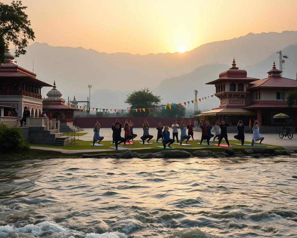 A serene scene capturing the essence of Rishikesh, with the Ganges River flowing gently through the foreground, bordered by lush greenery and colorful prayer flags fluttering in the breeze. In the middle ground, a tranquil yoga class is in session, featuring a diverse group of individuals dressed in modest, casual yoga attire, gracefully practicing poses on mats. Surrounding them are beautiful ashrams with traditional architecture, adorned with intricate carvings and vibrant colors. The background showcases the majestic foothills of the Himalayas, shrouded in soft, early morning mist, with the sun rising behind them, casting a warm, golden light over the scene. The atmosphere is peaceful and spiritual, inviting viewers to connect with the ancient traditions of yoga and the essence of meditation in a holy landscape.