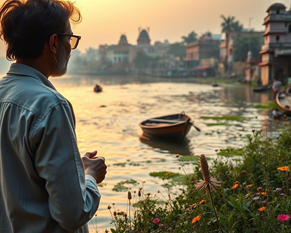 A serene scene depicting sustainable travel in India, focusing on the sacred river Ganges. In the foreground, a modestly dressed traveler, wearing light, breathable clothing, engages in respectful interaction with local artisans, showcasing traditional crafts. The middle ground features a small wooden boat floating gently on the river, surrounded by lush greenery and wildflowers, reflecting a commitment to eco-friendly practices. In the background, the iconic ghats of Varanasi are illuminated by the golden hues of sunrise, with soft, diffused lighting creating a peaceful atmosphere. The angle captures the vibrancy of nature and the tranquility of spiritual exploration, evoking a sense of harmony and respect for the environment.