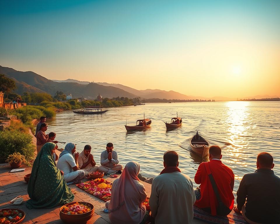 A serene scene depicting the Ganges River during the best travel season, showcasing lush greenery along the riverbanks under a clear blue sky. In the foreground, a group of modestly dressed travelers engaging in a spiritual ritual, surrounded by traditional offerings like flowers and incense. In the middle ground, a gentle flow of the river, shimmering in warm sunlight, with small wooden boats floating gracefully. The background features distant hills bathed in soft, golden hues of sunset. The atmosphere is calm and reflective, evoking a sense of harmony and spiritual connection to nature. The lighting is warm and inviting, accentuating the spiritual essence of this sacred place. The composition captures the beauty of the Ganges, emphasizing its significance as a spiritual journey.