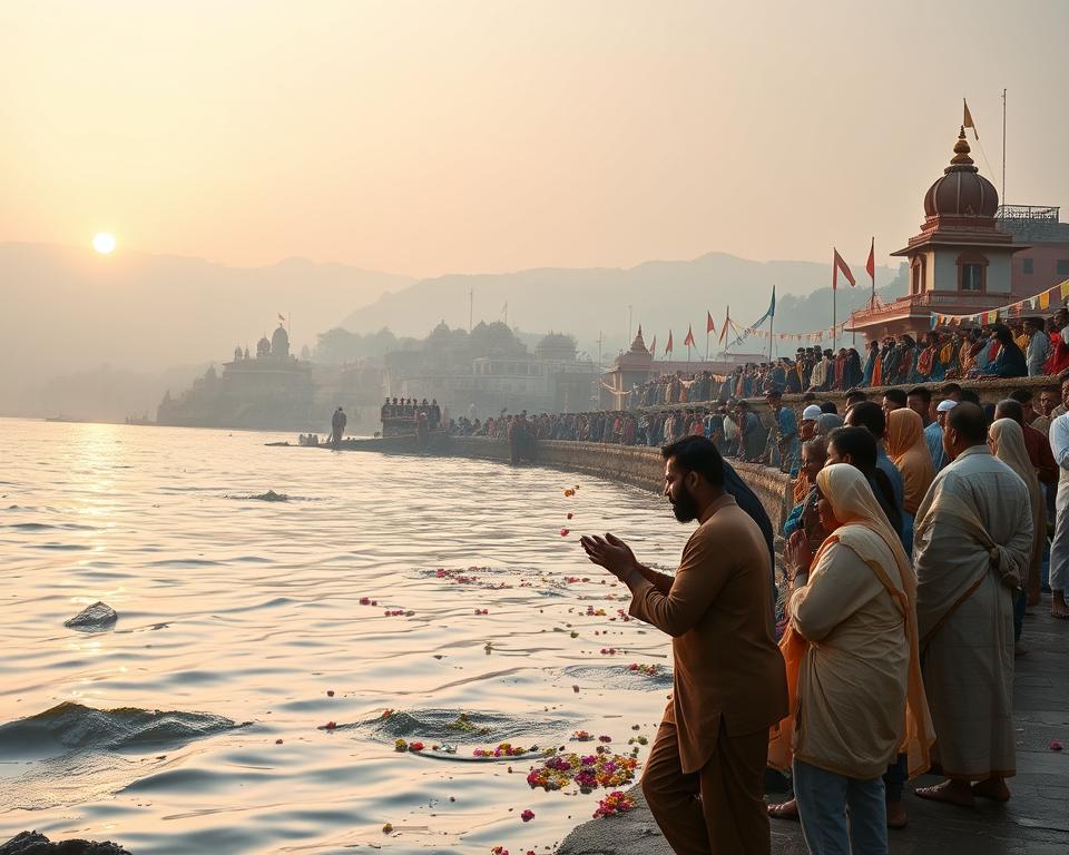 A serene scene depicting the sacred Ganges River at dawn, symbolizing spirituality and faith. In the foreground, a group of devotees dressed in modest traditional clothing performs a tranquil ritual, gently releasing flower offerings into the water. In the middle ground, the river flows softly, reflecting the early morning light, while ancient temples and prayer flags line the riverbank, filled with vibrant colors. The background showcases misty hills under a soft, golden sunrise, creating an ethereal atmosphere. Use soft, diffused lighting to enhance the tranquil mood, capturing the reverence and connection to nature. The composition should evoke a sense of peace and spirituality, embodying the essence of the Ganges as a symbol of belief and practice in Indian culture.