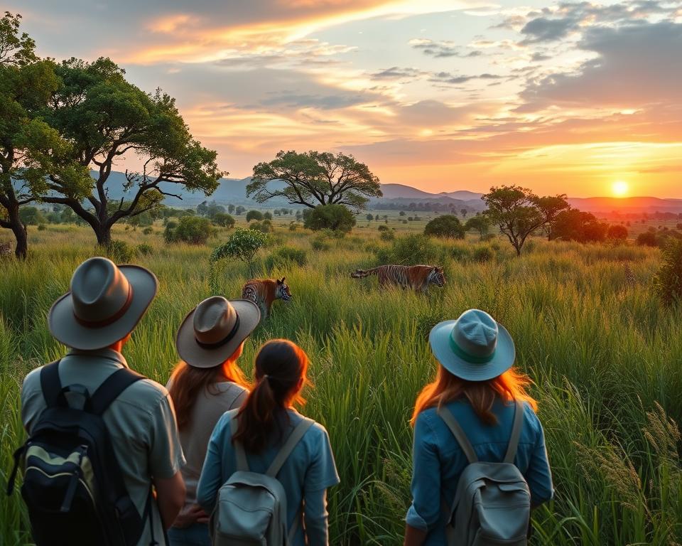 A serene scene inside an Indian national park during a golden hour sunset, showcasing a dense landscape of lush greenery and tall grass. In the foreground, a group of diverse tourists dressed in modest casual clothing, including hats and comfortable gear, observe with excitement and respect as a majestic tiger emerges from the underbrush. Their expressions are filled with awe, while they maintain a safe distance. In the middle ground, richly detailed trees and vibrant wildlife hint at the rich biodiversity of the park. The background features gently rolling hills under a colorful sky, emphasizing the natural beauty and tranquility of the environment. The overall mood is one of safety, respect for nature, and the thrill of adventure, captured with warm, soft lighting to enhance the inviting atmosphere.