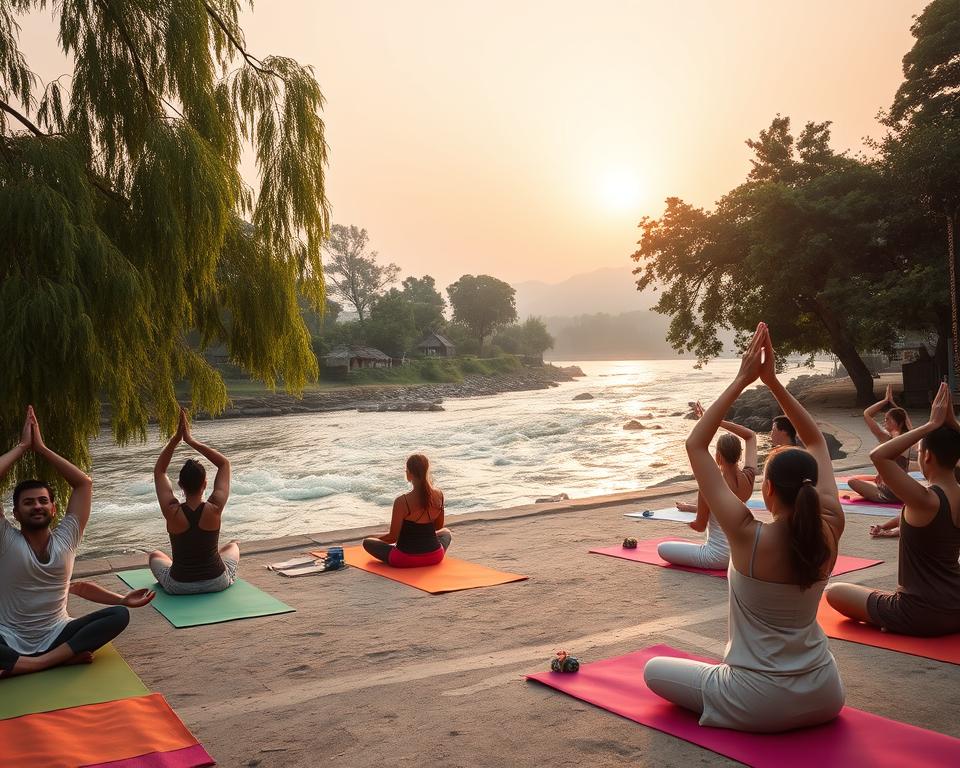 A serene scene of yoga practice in Rishikesh, India, by a sacred river. In the foreground, a diverse group of individuals dressed in modest yoga attire, gracefully performing poses on colorful mats, radiating peace and focus. In the middle ground, lush green trees swaying gently and small traditional wooden huts reflect the spiritual atmosphere. In the background, the flowing Ganges River glistens under the soft, golden light of sunrise, creating a tranquil ambiance. The sky is painted in pastel hues of orange and pink, enhancing the meditative mood. Capture this moment with a wide-angle lens, emphasizing the harmonious connection between people and nature, conveying a sense of calm, spirituality, and serenity.