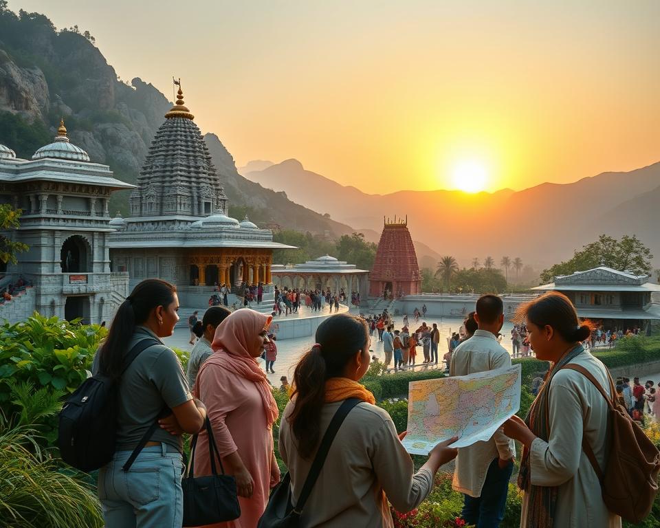 A serene scene showcasing Indian pilgrimage sites during the ideal travel season for visitors from Germany. In the foreground, a group of diverse travelers, dressed in modest casual clothing, consults a detailed travel map, surrounded by lush greenery. The middle ground features iconic Hindu temples adorned with intricate stone carvings and vibrant colors, bustling with day pilgrims engaged in prayer and rituals. In the background, majestic mountains rise under a warm golden sunset, casting long shadows and creating a tranquil atmosphere. Soft, warm lighting bathes the scene, suggesting a sense of peace and heartfelt exploration. The angle captures a wide view of this sacred landscape, emphasizing the harmony between nature and spirituality.