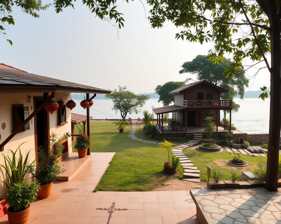 A serene scene showcasing accommodations by the Ganges River, illustrating a tranquil atmosphere. In the foreground, a modest, inviting ashram with a large, open porch adorned with vibrant plants and traditional Indian decor. Middle ground features a rustic guesthouse with wooden awnings, surrounded by lush greenery and paths leading to the river, where gentle waves lap at the shore. The background reveals a peaceful view of the Ganges, with soft, morning light casting a warm glow over the water. Use a wide-angle lens to capture the expansive landscape and emphasize the spiritual ambiance. The overall mood is calming and reflective, evoking a sense of peace and connection to nature.