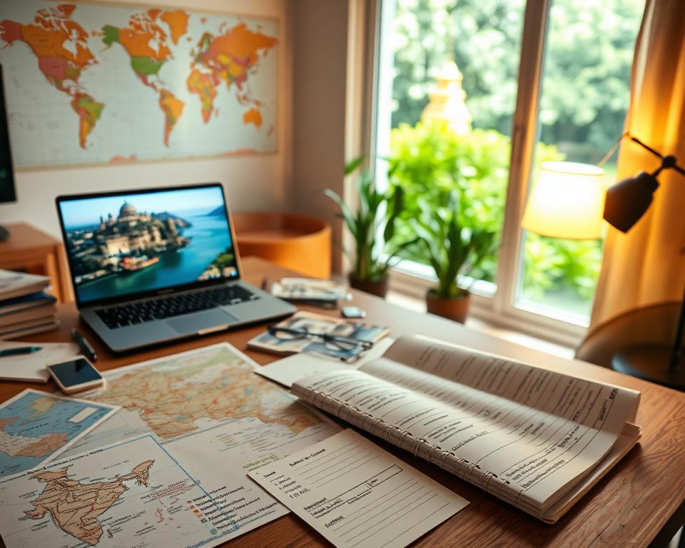 A serene travel planning scene set in a comfortable, modern home office. In the foreground, a wooden desk cluttered with detailed maps of India, travel brochures, and a laptop displaying beautiful images of the Ganges River. A planner lies open with notes on routing, duration, and budgeting, illuminated by warm, soft lighting from a nearby lamp. In the middle ground, a large window reveals a lush green garden, hinting at a peaceful escape. The background features a world map on the wall with markings for significant spiritual sites in India. The mood is tranquil and inspiring, inviting the viewer to imagine their own spiritual journey.