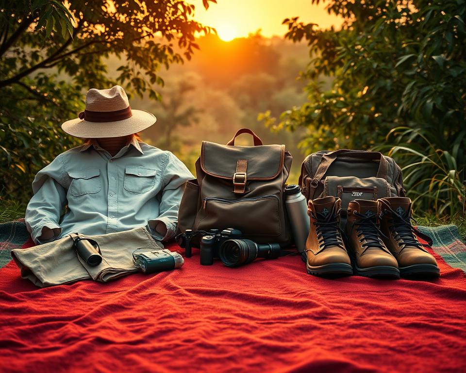 A serene, vibrant packing scene for a tiger safari in India unfolds in the foreground, featuring a neatly arranged selection of safari essentials. The items include neutral-toned clothing like lightweight breathable shirts, sturdy cargo pants, a wide-brimmed hat, and practical hiking boots, all displayed on a richly textured cloth. In the middle ground, a stylish backpack and a high-quality camera sit alongside binoculars and a water bottle, ready for adventure. The background showcases a lush Indian jungle with hints of tiger stripes peeking through the foliage, under a golden hour sky that casts warm, soft light. The atmosphere feels adventurous yet organized, inviting the viewer to prepare for an unforgettable safari experience.