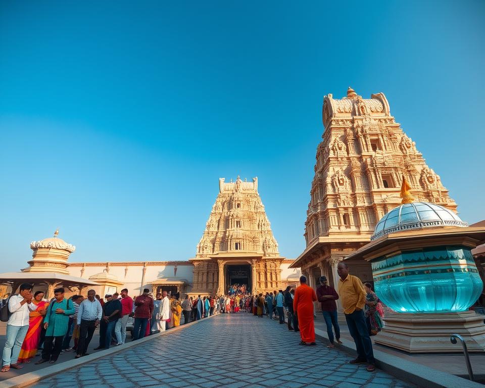 A serene view of the Rameswaram Temple, showcasing its stunning intricate architecture and vibrant colors. In the foreground, a beautifully carved stone pathway lined with petitioners engaged in worship, some adorned in traditional attire, paying homage to the deity Shiva. The middle ground features the temple's majestic entrance with towering gopurams (temple towers) richly painted in vivid hues. Sacred water tanks with crystal clear water are visible, reflecting the temple's grandeur. In the background, a clear blue sky enhances the peaceful atmosphere, warmed by gentle sunlight casting soft shadows. The composition should be framed at a low angle to emphasize the temple’s height and elegance, evoking a sense of reverence and tranquility.