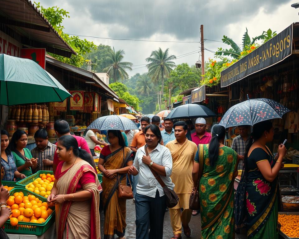 A vibrant and bustling Indian marketplace during the monsoon season, showcasing colorful street stalls selling local produce and handicrafts. In the foreground, a diverse group of tourists in modest casual clothing, examining fruits and spices, with umbrellas in hand to shield against the rain. The middle ground features vendors wearing traditional attire, engaging with customers, while raindrops create a lively atmosphere. In the background, lush greenery and seasonal flowers thrive due to the rain, with dark, moody clouds overhead hinting at impending downpours. Soft, diffused lighting enhances the scene, capturing the essence of the monsoon while maintaining a warm, inviting feeling. A wide-angle lens perspective creates depth, immersing the viewer in the rich culture and vibrant energy of India during the rainy season.
