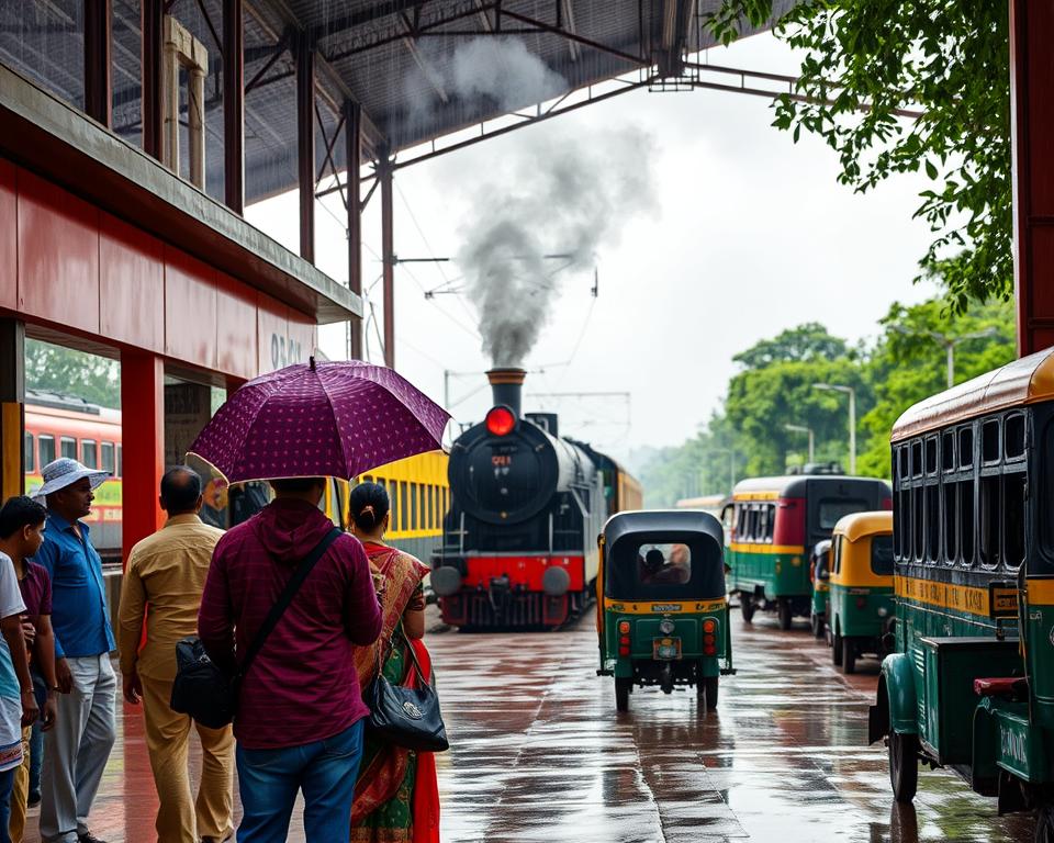 A vibrant and bustling Indian railway station during the monsoon season, showcasing bright colors and dynamic activity. In the foreground, a couple of diverse travelers, dressed in modest casual clothing, stand with umbrellas, looking at train schedules. The middle ground features a steam train arriving, surrounded by raindrops glistening in the soft, diffused light of an overcast sky. Buses and auto-rickshaws are visible nearby, maneuvering through puddles, reflecting the lively atmosphere of monsoon travel. In the background, lush green foliage contrasts with the gray, rainy sky, emphasizing the richness of India during the rainy season. The overall mood is energetic yet reflective, capturing the excitement and challenges of transport and infrastructure during the Indian monsoon.
