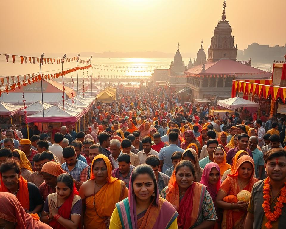 A vibrant and captivating scene of the Kumbh Mela pilgrimage in India, showcasing a diverse gathering of pilgrims. In the foreground, joyful individuals in colorful, modest traditional wear engage in rituals, their faces reflecting tranquility and devotion. The middle layer features an expanse of tents and stalls adorned with vivid banners, surrounded by flickering lamps and marigold flowers. In the background, the iconic Ganges River glistens under the warm golden light of the early morning sun, with ancient temples framing the scene. The atmosphere is lively yet spiritual, filled with an air of reverence. The angle captures the hustle and bustle of this massive gathering while highlighting the unity and faith among the pilgrims. Soft, warm lighting adds to the enchanting mood.