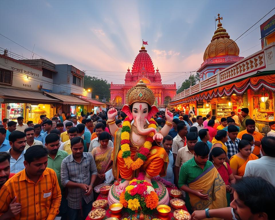 A vibrant and colorful Ganesh Chaturthi celebration scene. In the foreground, an intricately decorated statue of Lord Ganesha, adorned with flowers and traditional fabrics, radiates devotion. Surrounding the statue are devotees, men and women of diverse backgrounds dressed in festive attire, joyfully participating in rituals. In the middle ground, a bustling market filled with handmade decorations, sweets, and traditional earthen lamps creates a lively atmosphere. The background features a beautifully decorated temple, illuminated by warm evening lights, under a dusky sky. Soft rays of sunlight filter through, casting a divine glow on the celebration. The mood is festive and spiritual, evoking a sense of community and reverence. The image is captured from a slightly elevated angle, providing a panoramic view of the festivities while maintaining focus on the central Ganesh idol.