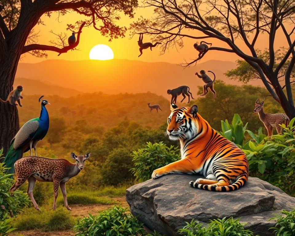 A vibrant and immersive Indian safari scene featuring a diverse array of wildlife in their natural habitat. In the foreground, a majestic Bengal tiger lounges gracefully on a rock, surrounded by lush greenery. To the left, a group of spotted deer grazes quietly, while a colorful peacock struts proudly nearby, displaying its stunning plumage. In the middle ground, playful monkeys swing from tree branches, showcasing the rich biodiversity of the Indian jungle. The background reveals a golden sunset casting a warm glow over rolling hills and dense forests. The atmosphere is serene and alive with the sounds of nature, evoking the excitement and beauty of a safari adventure. Capture this scene with soft, natural lighting and a slightly elevated angle to emphasize the depth and diversity of the wildlife.